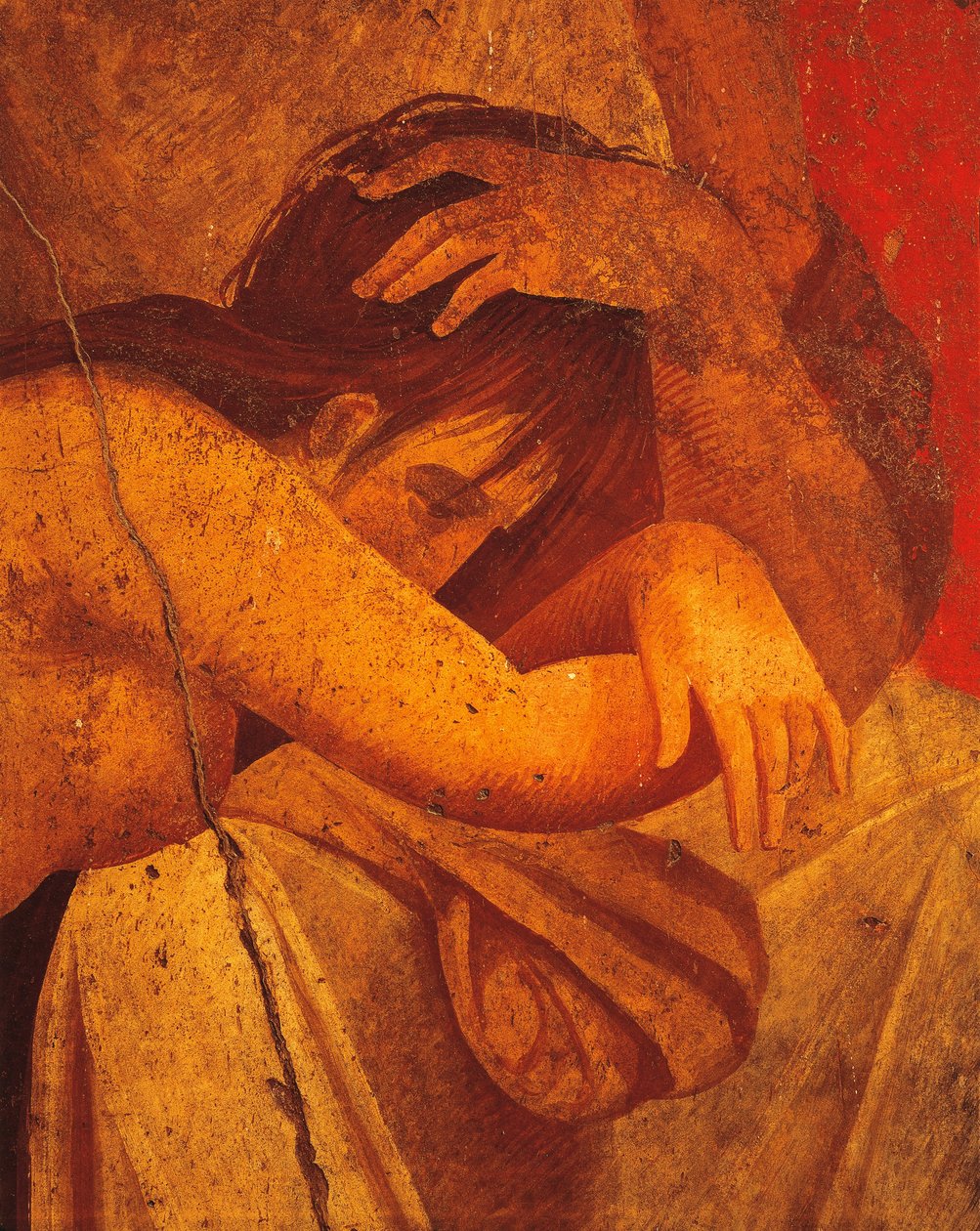 Detail of fresco depicting Flagellate, Second Pompeian Style, from Villa of Mysteries, Pompeii, Campania, Roman Civilization by Roman