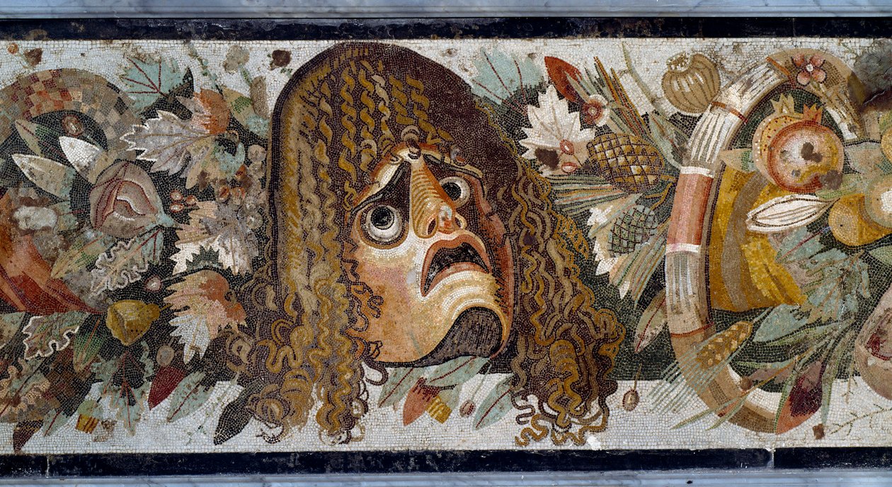 Festoon with mask, leaves and fruit (detail). Mosaic from Casa del Fauno in Pompei, 2nd century BC. Museo Nazionale Archeologico, Naples by Roman