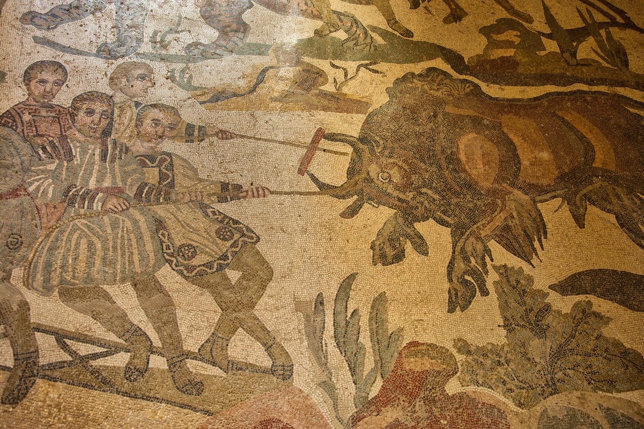 Hall of the Great Hunt, floor mosaic hunting scene, Villa Romana del Casale, Piazza Armerina, Sicily, Italy by Roman