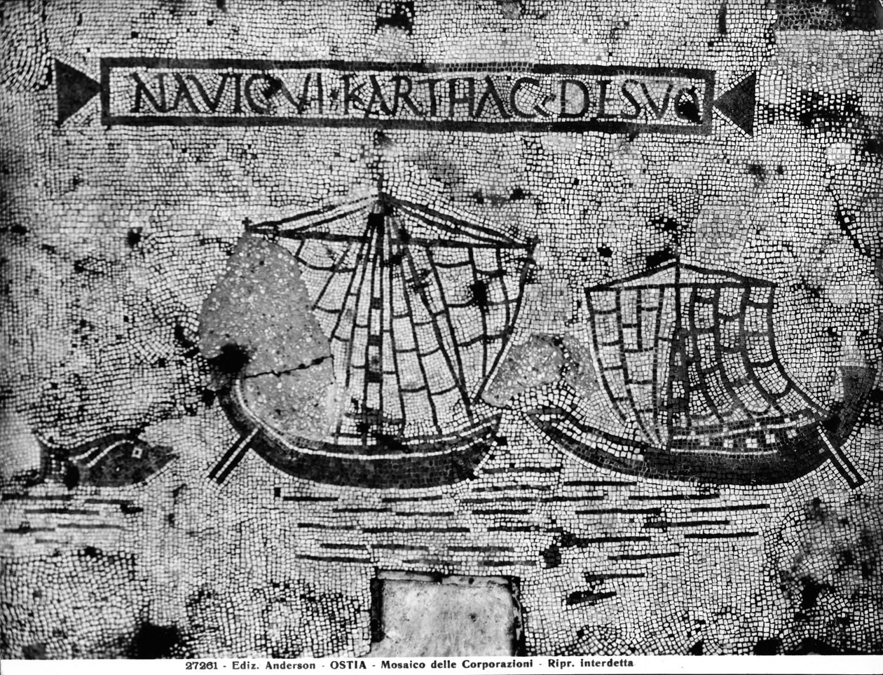 Pavement detail from the Piazzale dell Corporazioni depicting a nautical scene by Roman