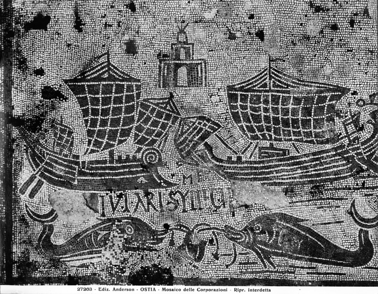 Pavement detail from the Piazzale dell Corporazioni depicting a nautical scene by Roman