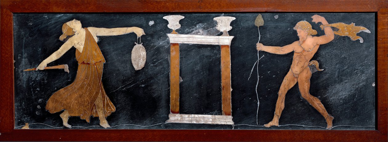 Roman Art: The dance of a maenad and a satyr near a small temple. Marquetry from Pompei. Museo Archeologico Nazionale, Naples by Roman