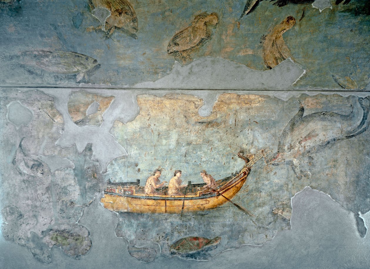 Roman Art: Fishermen on a Boat. Fresco from a House Located Near a River Port of Rome. 131 AD. Rome, Museo Nazionale Romano by Roman