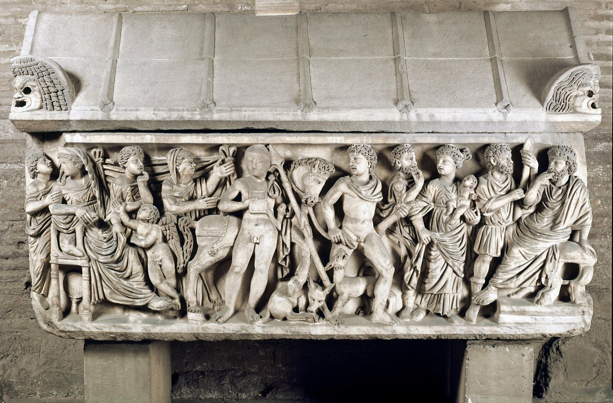 Roman art: sarcophagus decorates a low relief telling the legend of Phedre and Hippolyte by Roman
