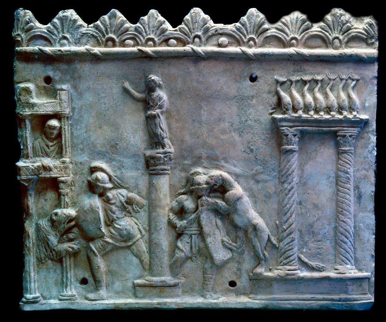 Roman art: scene of combat of gladiators against beasts or venatio. 1st century BC. Geneva, Museum of Art and History by Roman