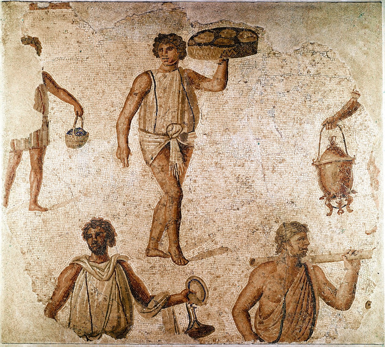 Roman art: servants at a banquet. Fragment of mosaic from Carthage, Tunisia. 180-190 AD. Paris, Louvre Museum by Roman