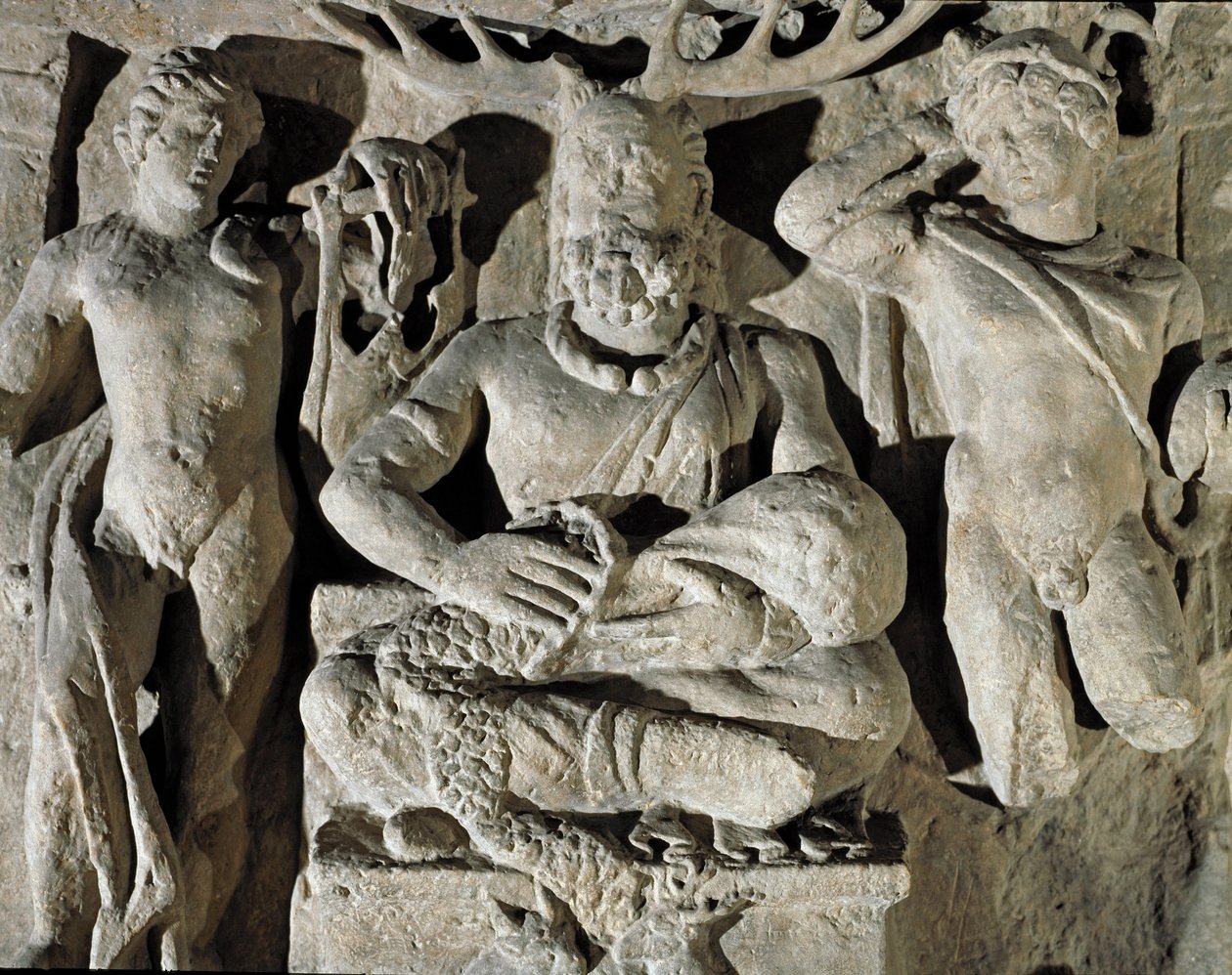 The Gallic god of Celtic origin Cernunnos (or Kernunnos) between Apollo and Mercury. From Reims. 1st century AD. Rome, Museo della Civilta Romana by Roman