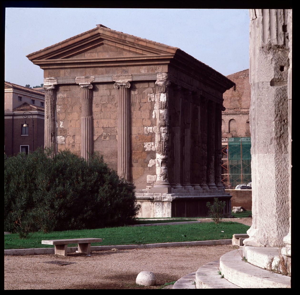 Roman art: view of the ruins of the Temple of Portunus (temple of manly fortune), archeological site of the Boarium Forum, 70-80 AD, Rome, Italy by Roman
