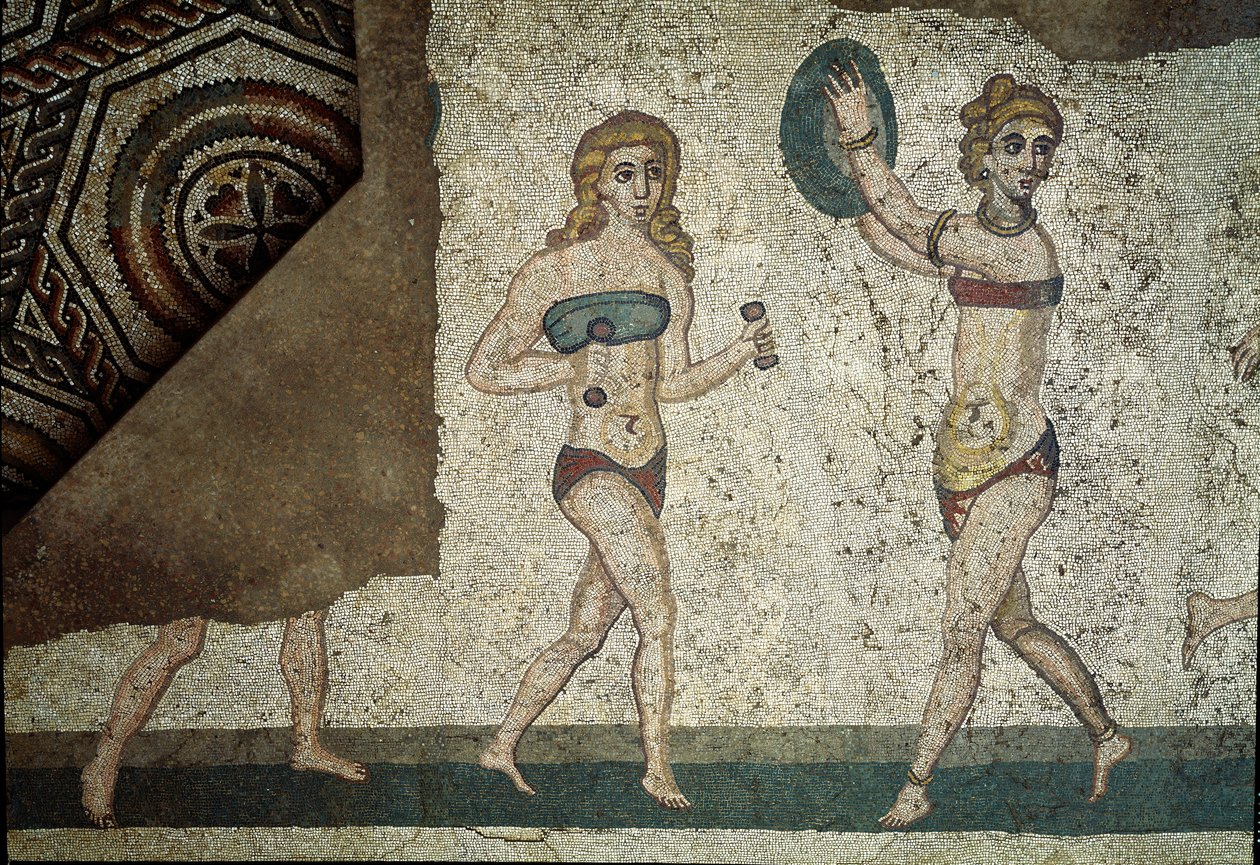 Roman art: young Romans engaged in physical exercises. They wear a loincloth around the kidneys and a strophium (ancestor of the bra) on the chest. (detail) of mosaic 315-350 AD. Piazza Armerina, Villa Romana del Casale by Roman