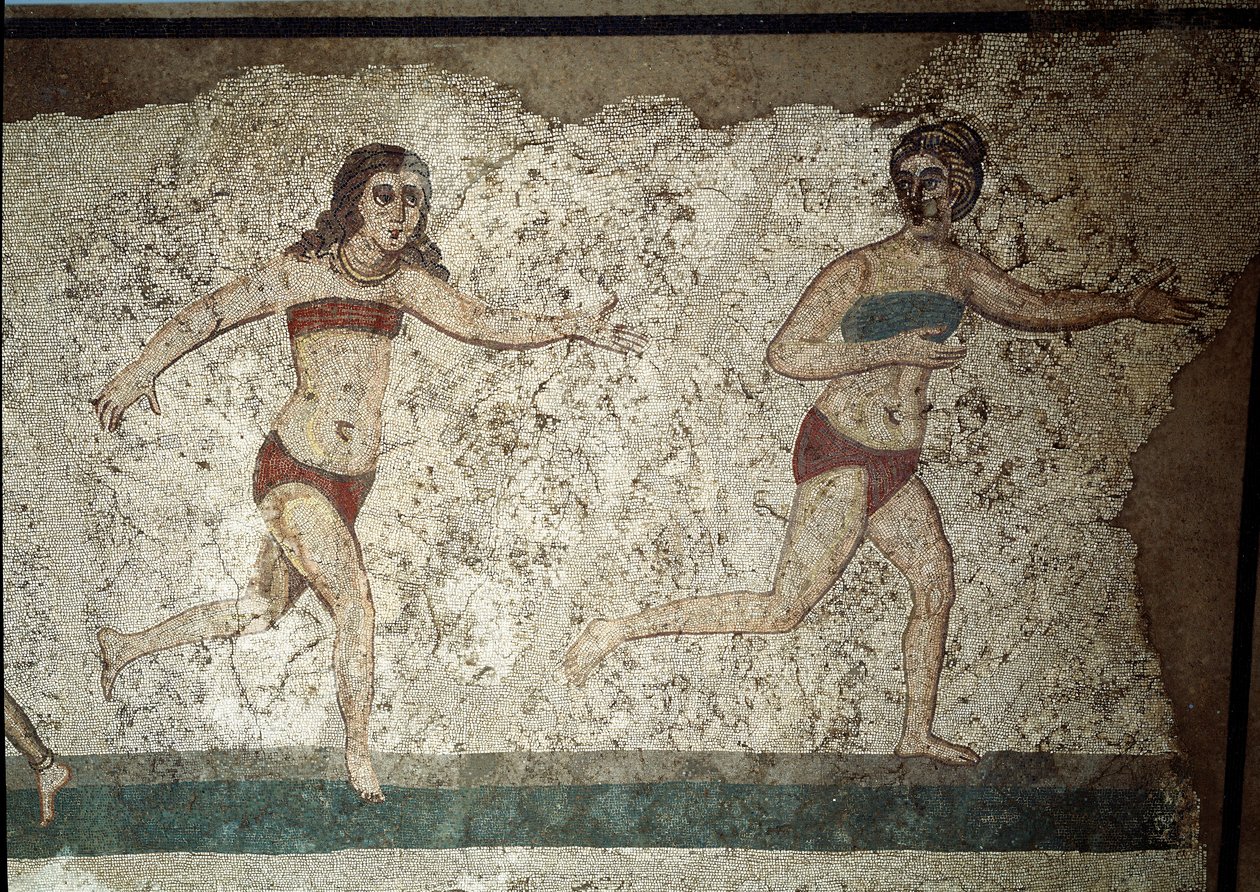 Roman art: young Romans engaged in physical exercises. They wear a loincloth around the kidneys and a strophium (ancestor of the bra) on the chest. (detail) of mosaic 315-350 AD. Piazza Armerina, Villa Romana del Casale by Roman