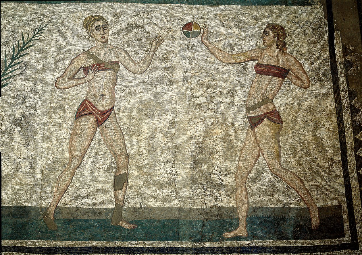 Roman art: young women playing ball. Young Romans engaged in physical exercises. They wear a loincloth around the kidneys and a strophium by Roman