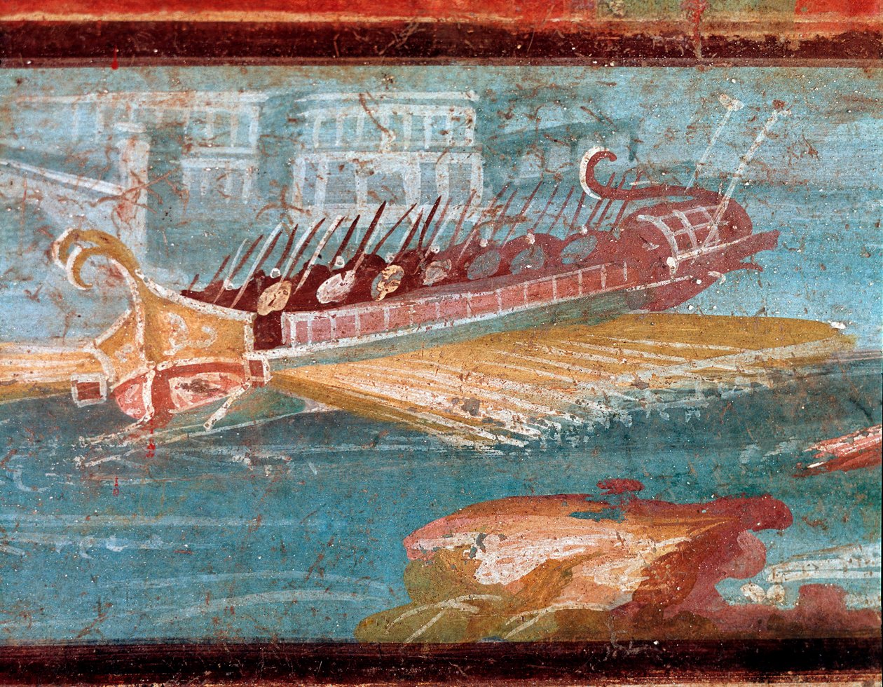 Roman warships at the entrance of a port by Roman