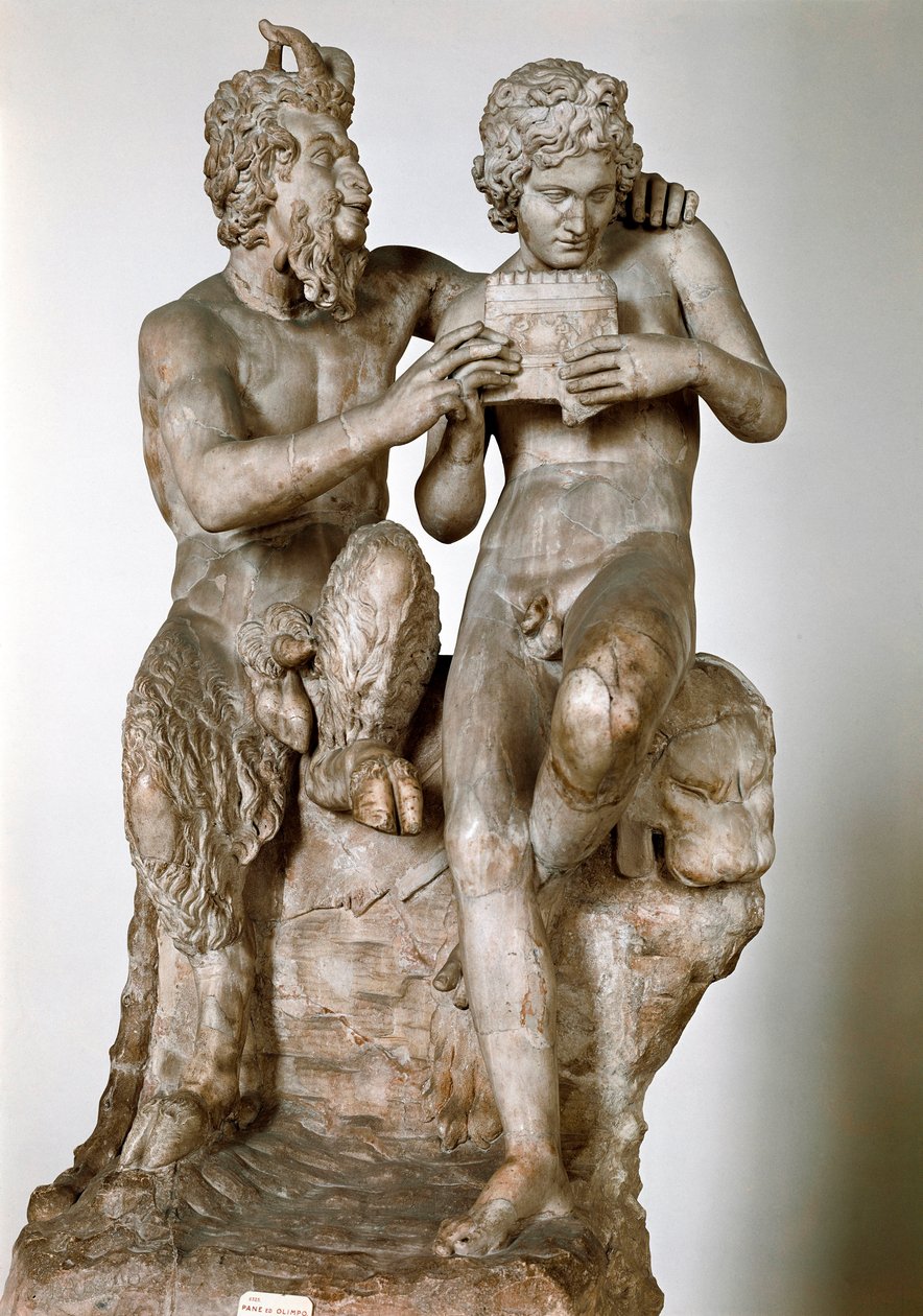 Statuette of the god Pan teaching the flute to his eromene, the shepherd Daphnis. 1st century BC. Roman marble sculpture after a Greek original. National Archaeological Museum of Naples by Roman