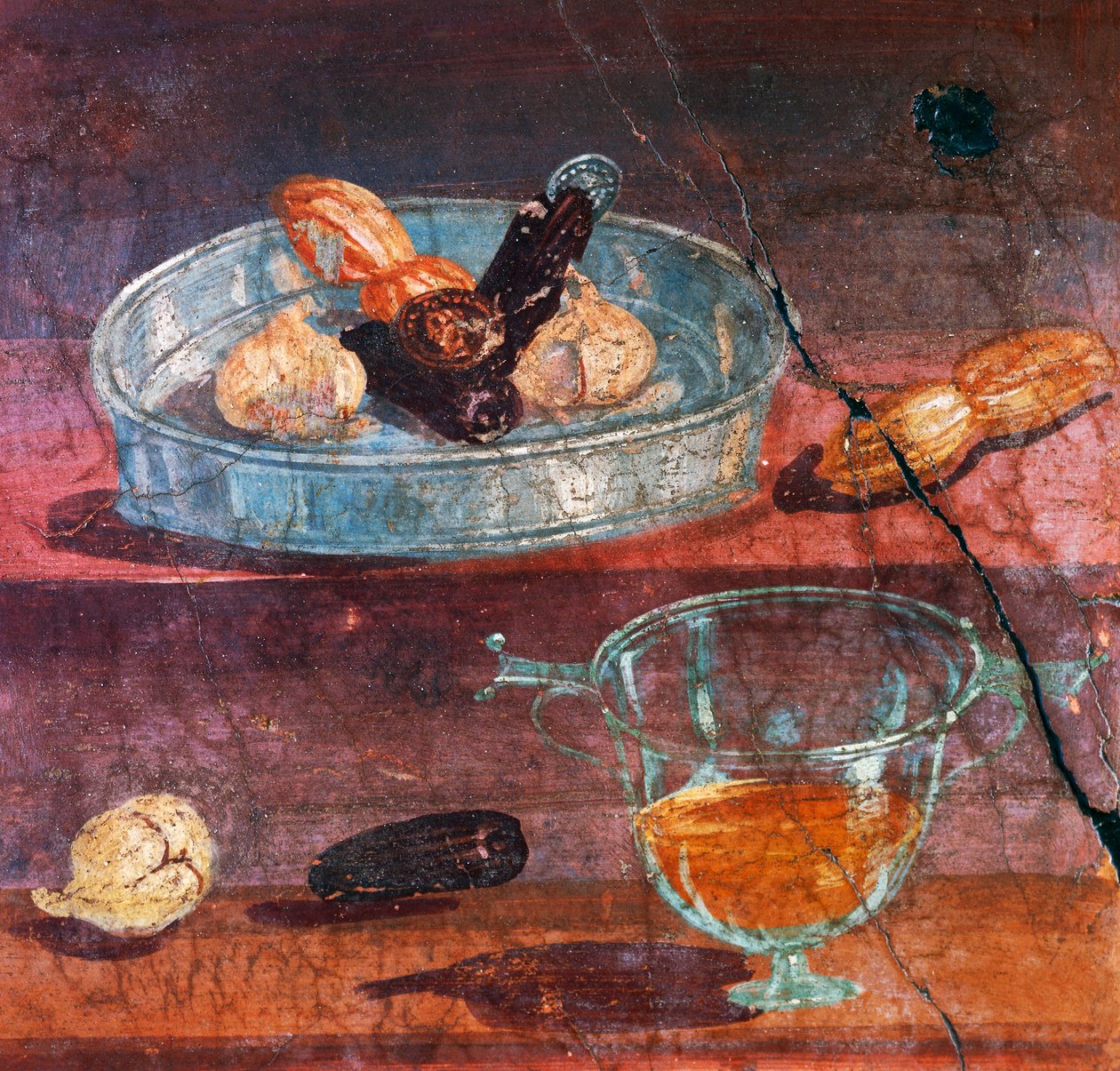 Still life with garlic, dates and honey, two gold and silver coins between fruit, wall painting from House of Deer, Herculaneum by Roman