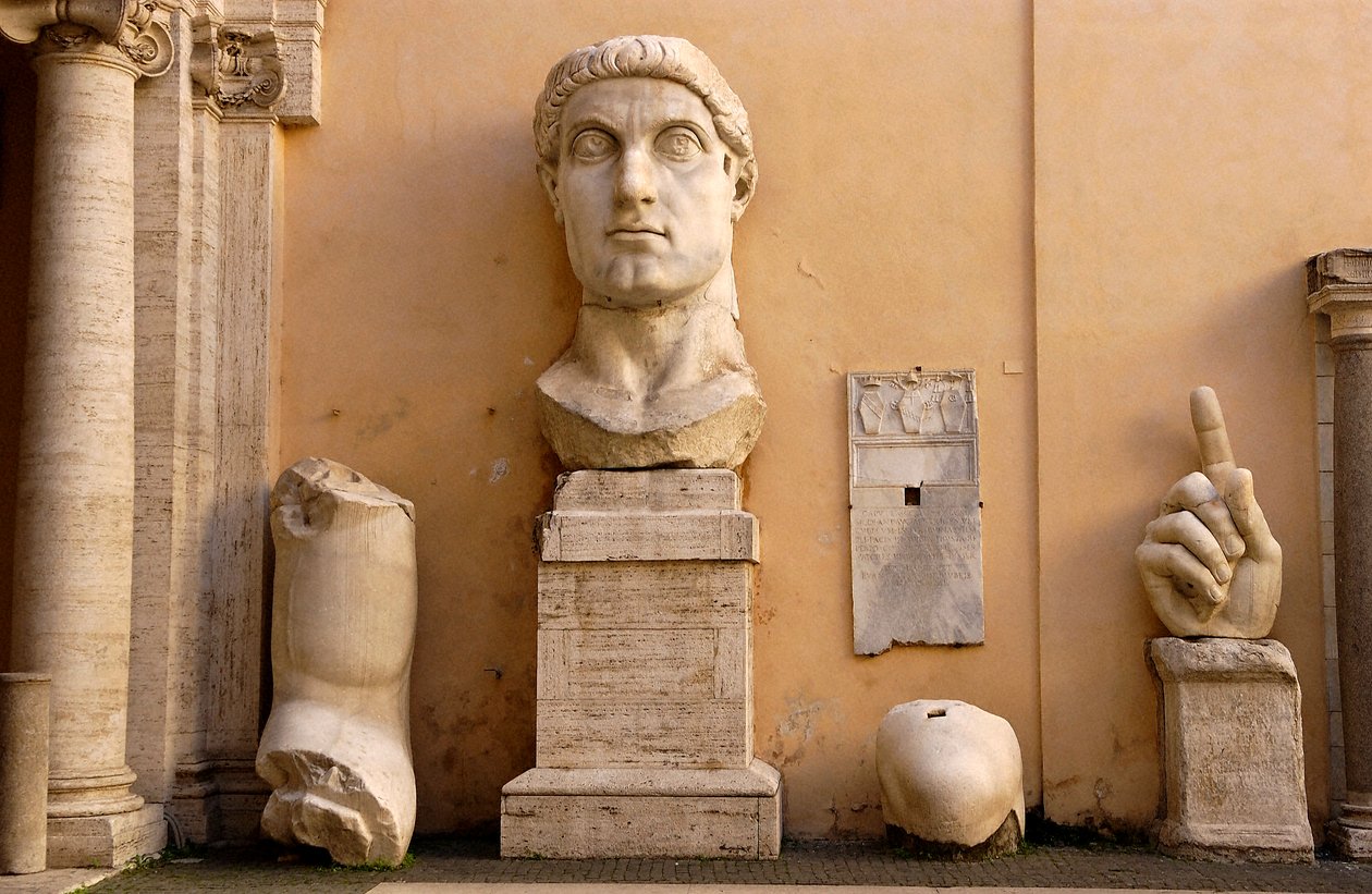 The Courtyard of the Palace of the Conservatives at the Musei Capitolini: Fragments of the Colossal Statue of Constantine by Roman