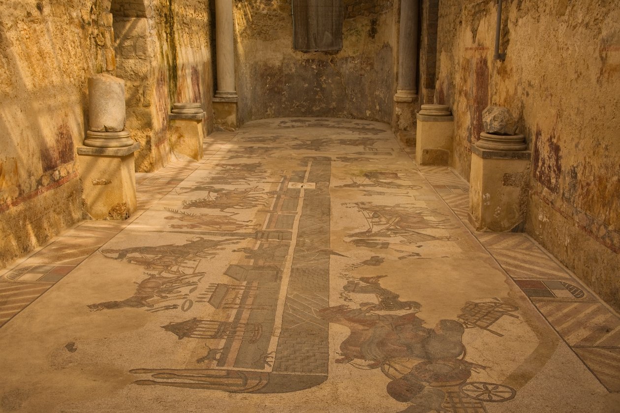 Two Apse Room, floor mosaic, Villa Romana del Casale, Piazza Armerina, Sicily, Italy by Roman