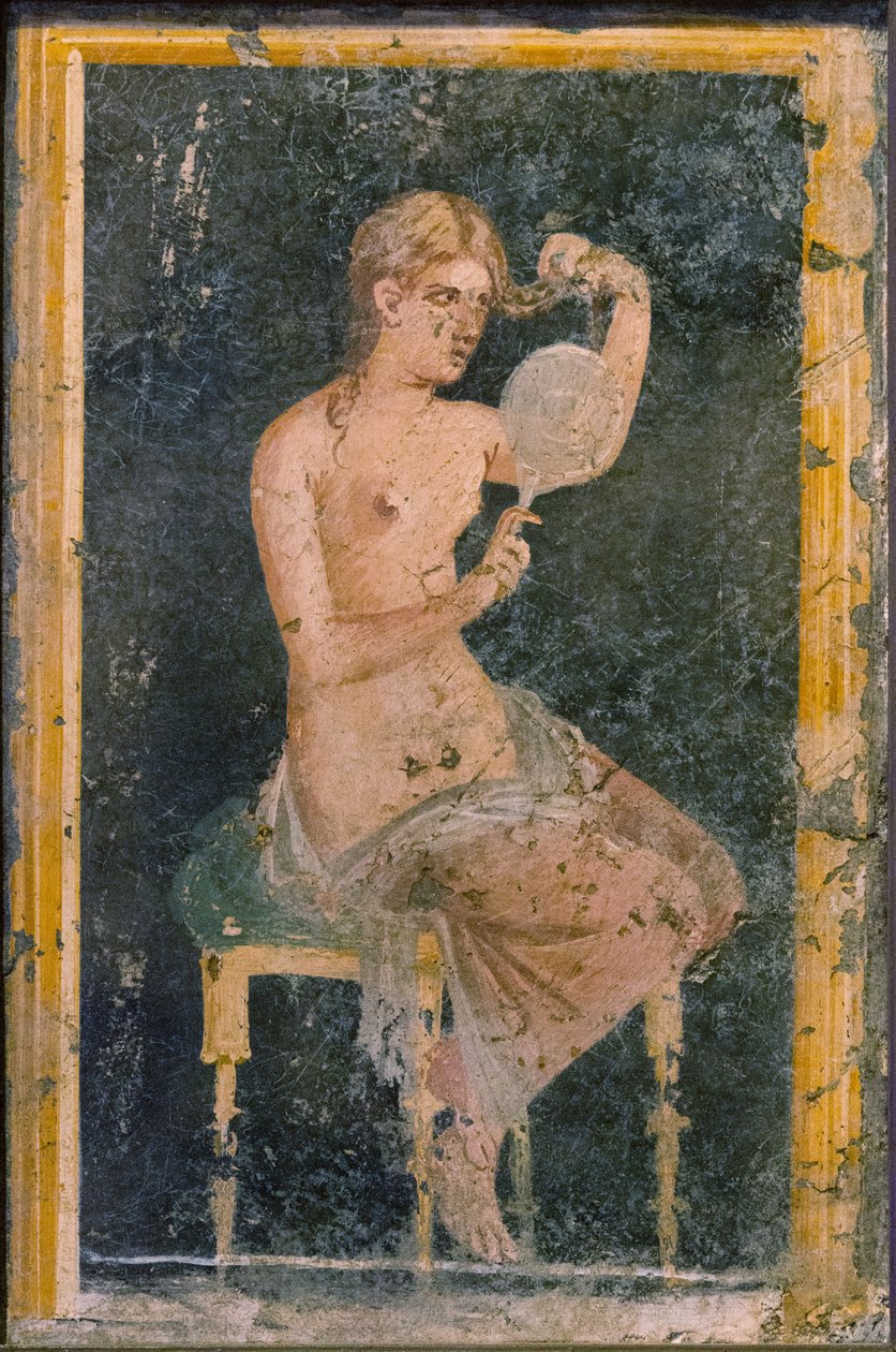 Woman with a Mirror, 1st H. 1st cen. AD by Roman Pompeian wall painting.