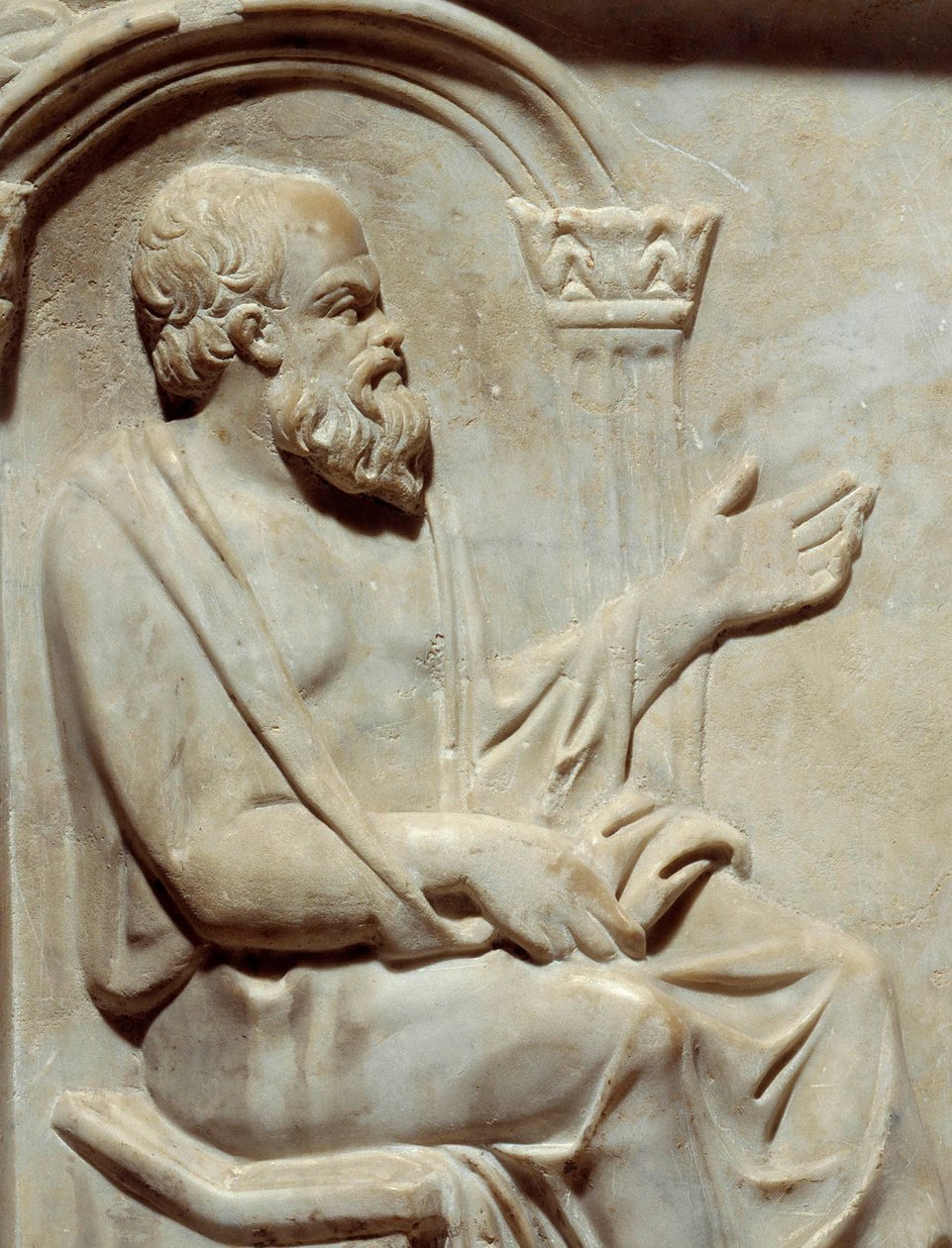 Roman Antiquities, Sarcophagus of the Muses: Socrates (469-399 BC) Greek philosopher with his muse. Detail. Paris, Louvre Museum by Roman Roman