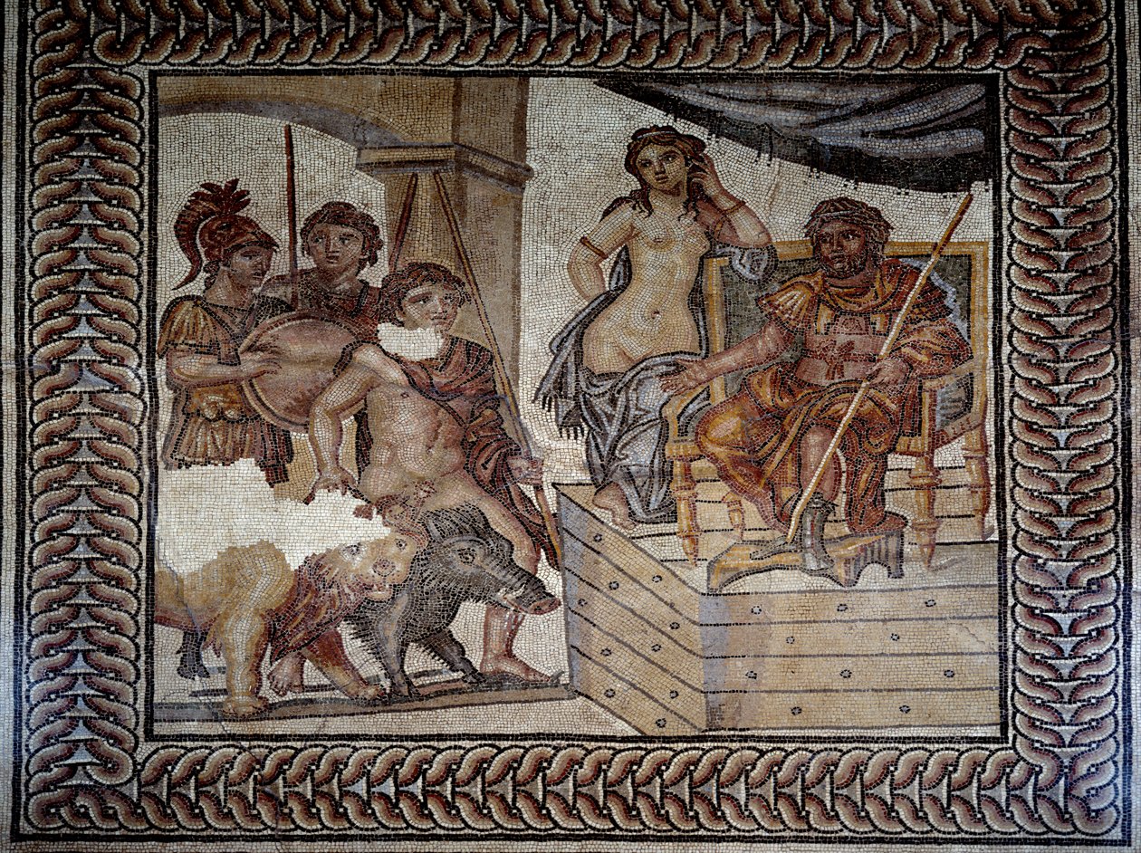 Roman art: Admete, king of Pheres in Thessaly, having tamed a boar and a lion, asks Pelias, king of Iolcos, for the hand of his daughter Alceste. Mosaic of the Wedding of Admete. Nimes, Museum of Fine Arts by Roman Roman