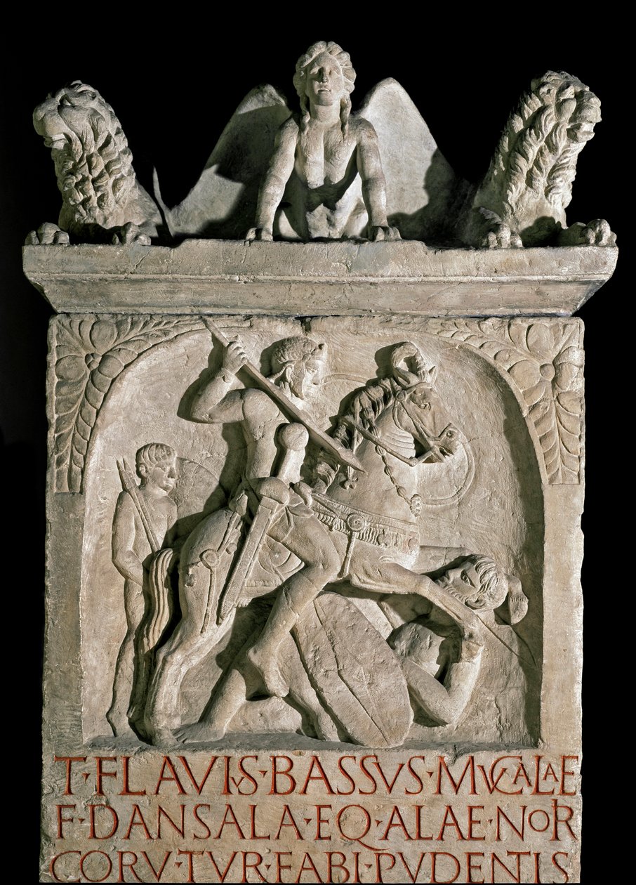 Funerary Stele of Flavius Bassus Herculanus, Roman Art, 5th Century AD, Rome, Museo della Civilta Romana by Roman Roman