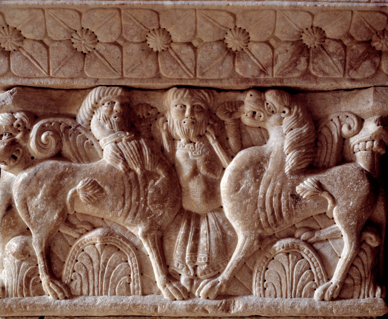 A centaur and a lion, carved capital in the tribune of the Priory by Romanesque