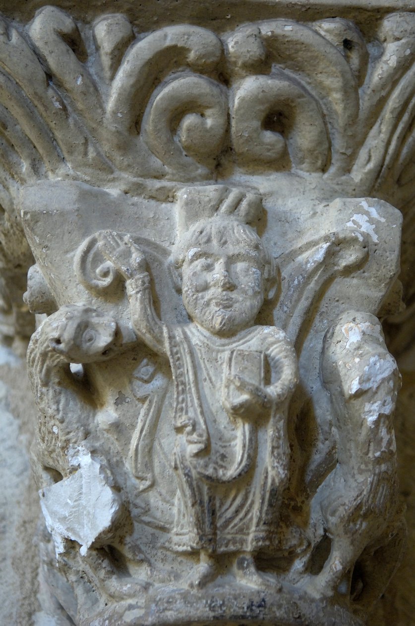 Romanesque art: detail of a capital of the church of Saint Blaise, Lacommande (Atlantic Pyrenees) by Romanesque