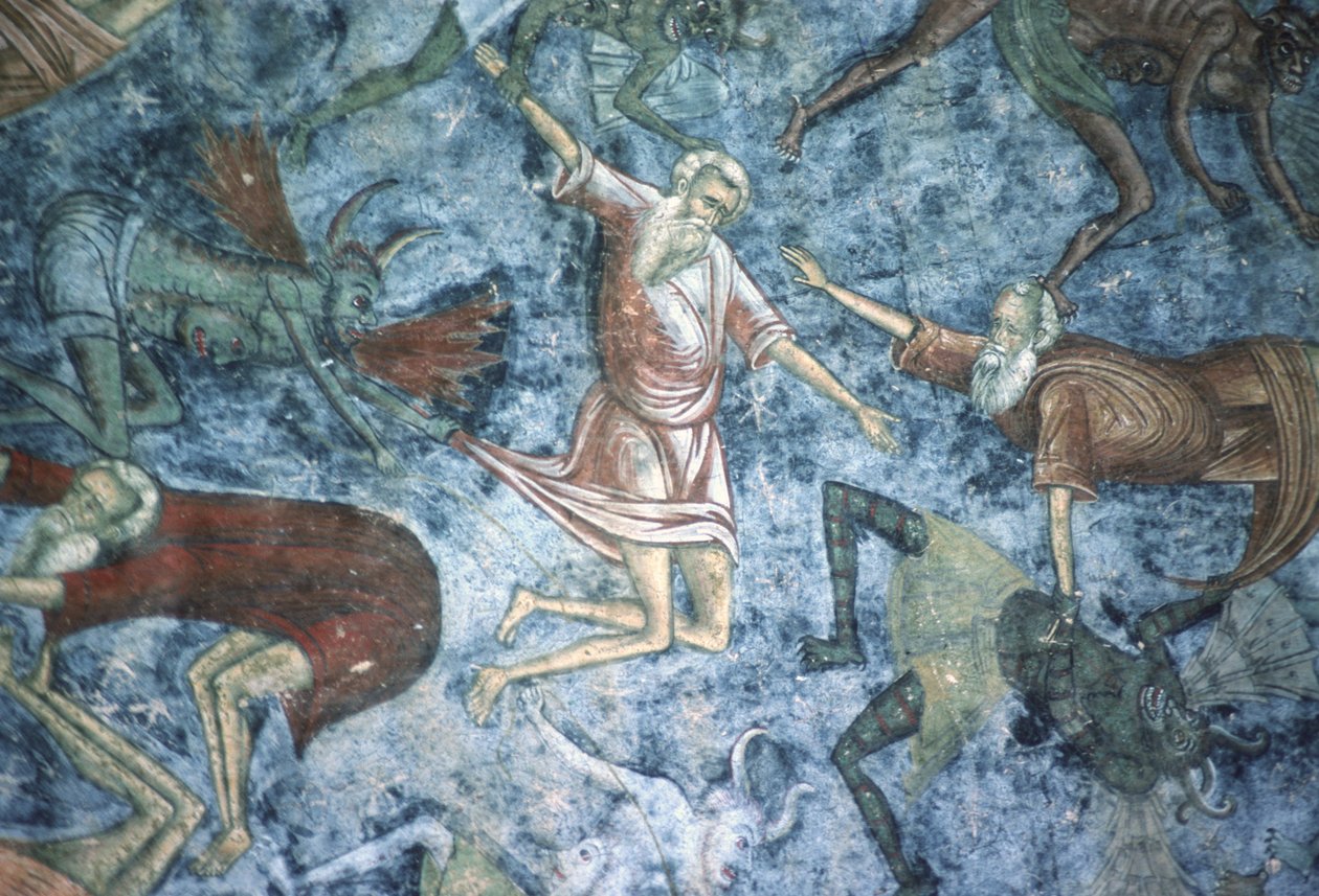 Sinners dragged by demons, detail of the Ladder of Heaven painting, north wall of the church, c.1601 by Romanian School