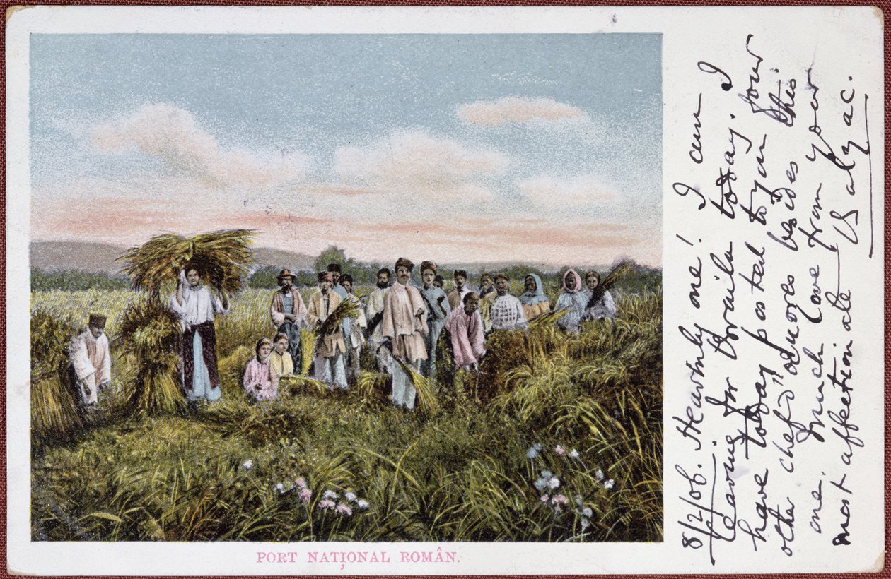 Postcard depicting Romanian peasants harvesting, 1906 by Romanian School