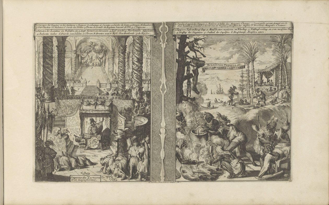 Court of the Tartar Emperor; Brazilian Tapuyers Preparing Their Food by Romeyn de Hooghe