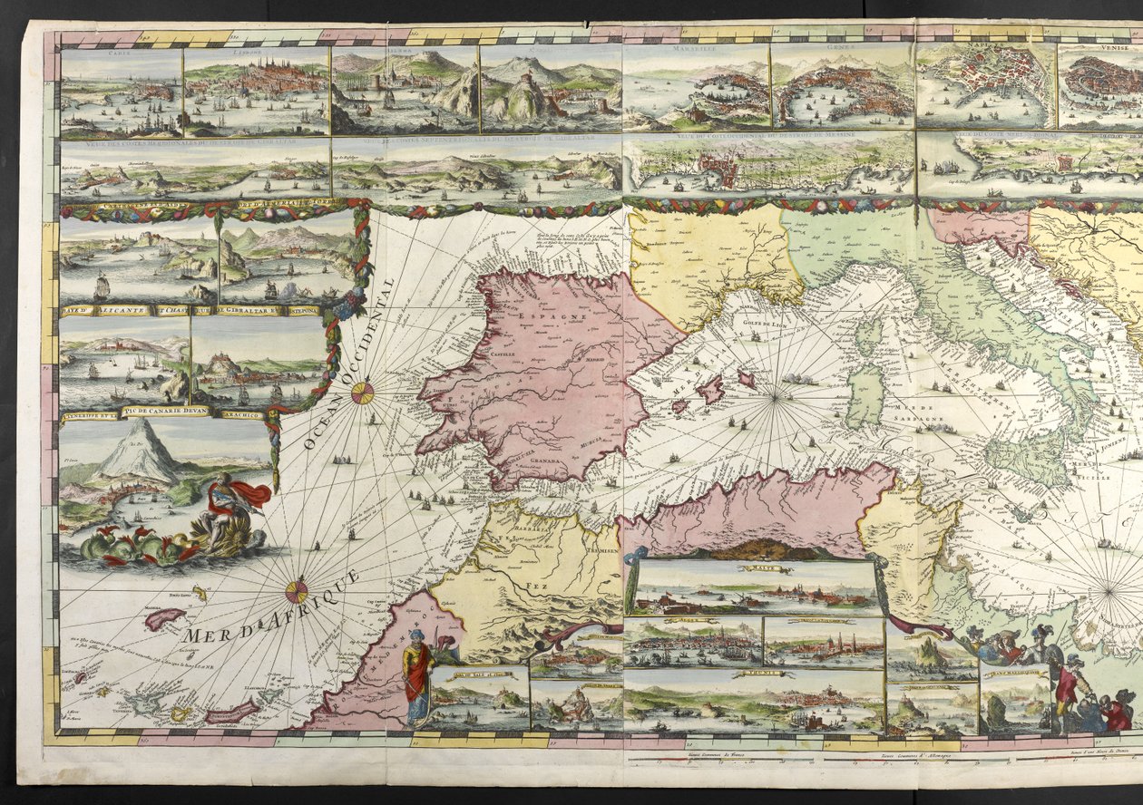 Map of the Mediterranean with allegorical figures and sea monsters embellishing the insets by Romeyn de Hooghe
