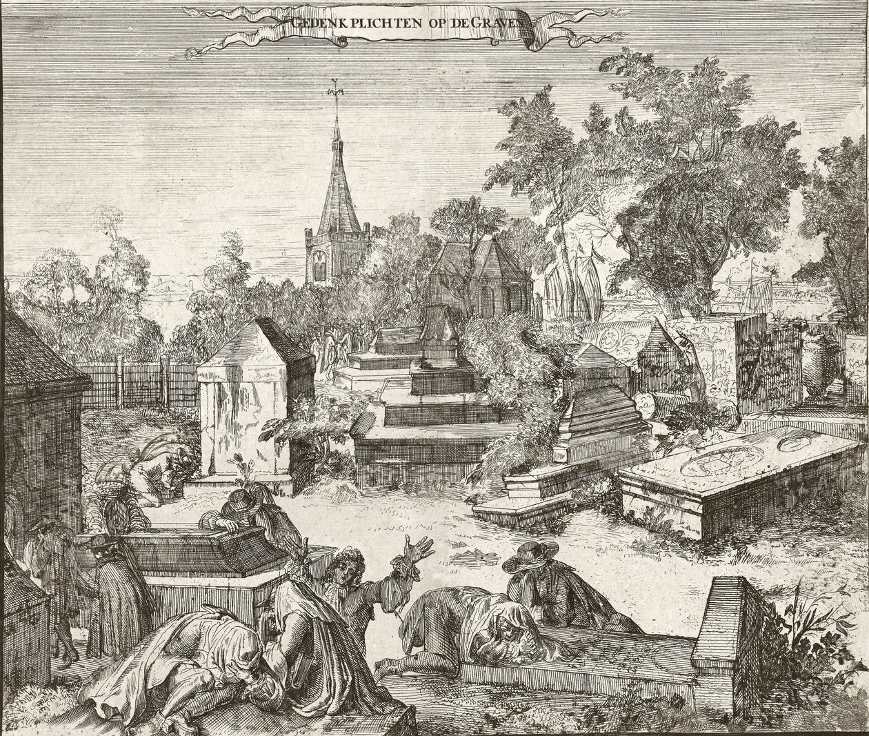Mourning in the Portuguese-Jewish cemetery of Beth Haim of Ouderkerk on the Amstel in the Netherlands - Engraving by Romeyn de Hooghe by Romeyn de Hooghe