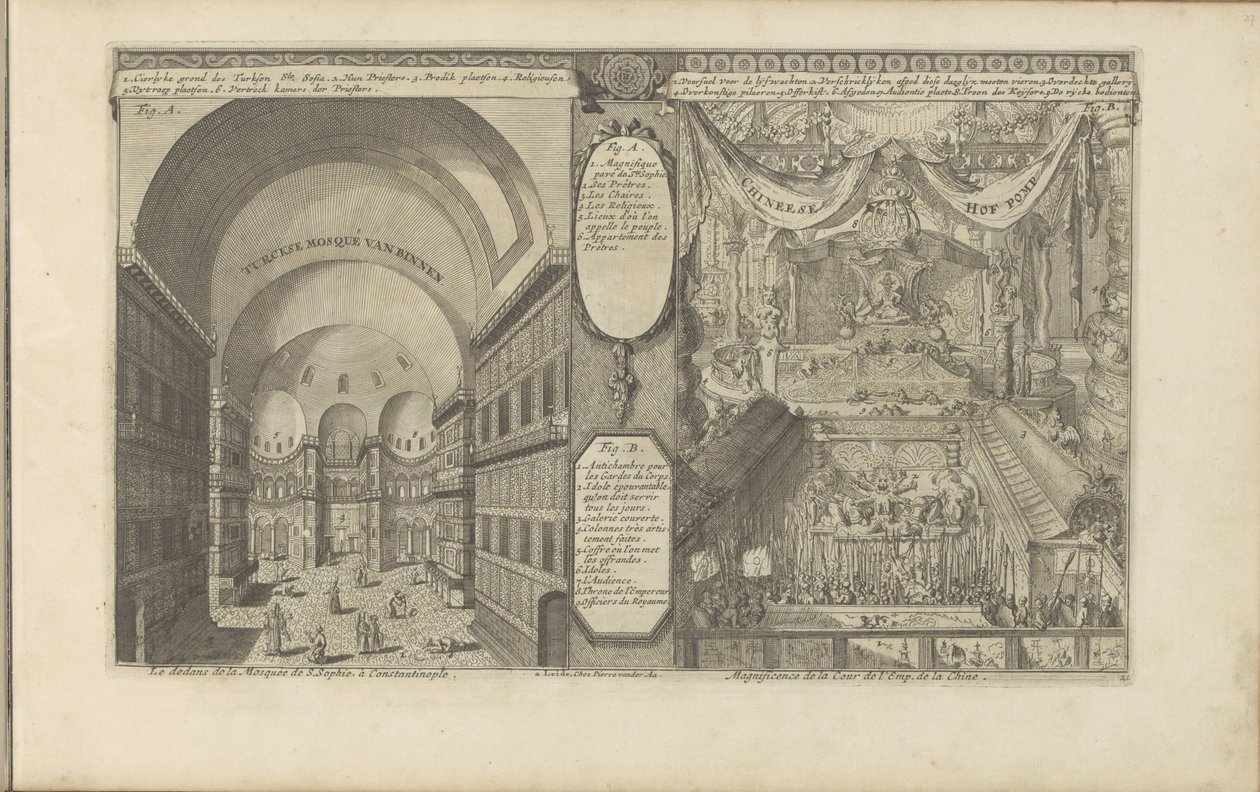 Turkish Mosque in Constantinople; Imperial Court in China (Interior of the Mosque of St. Sophia, in Constantinople) (Magnificence of the Court of the Emperor of China) by Romeyn de Hooghe