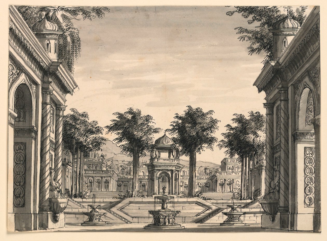 Stage Design, Indian Palace Garden for the Ballet "Genghis Khan" by Luigi Henry by Romolo Achille Liverani
