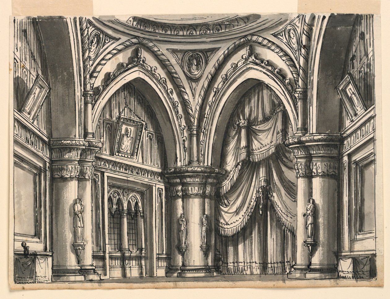 Stage Design, Interior of High Gothic Hall with Ogival Arches by Romolo Achille Liverani
