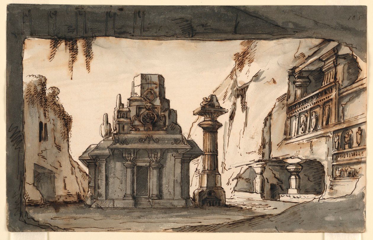 Stage Design, Oriental Buildings Amidst Caves and Rocks by Romolo Achille Liverani