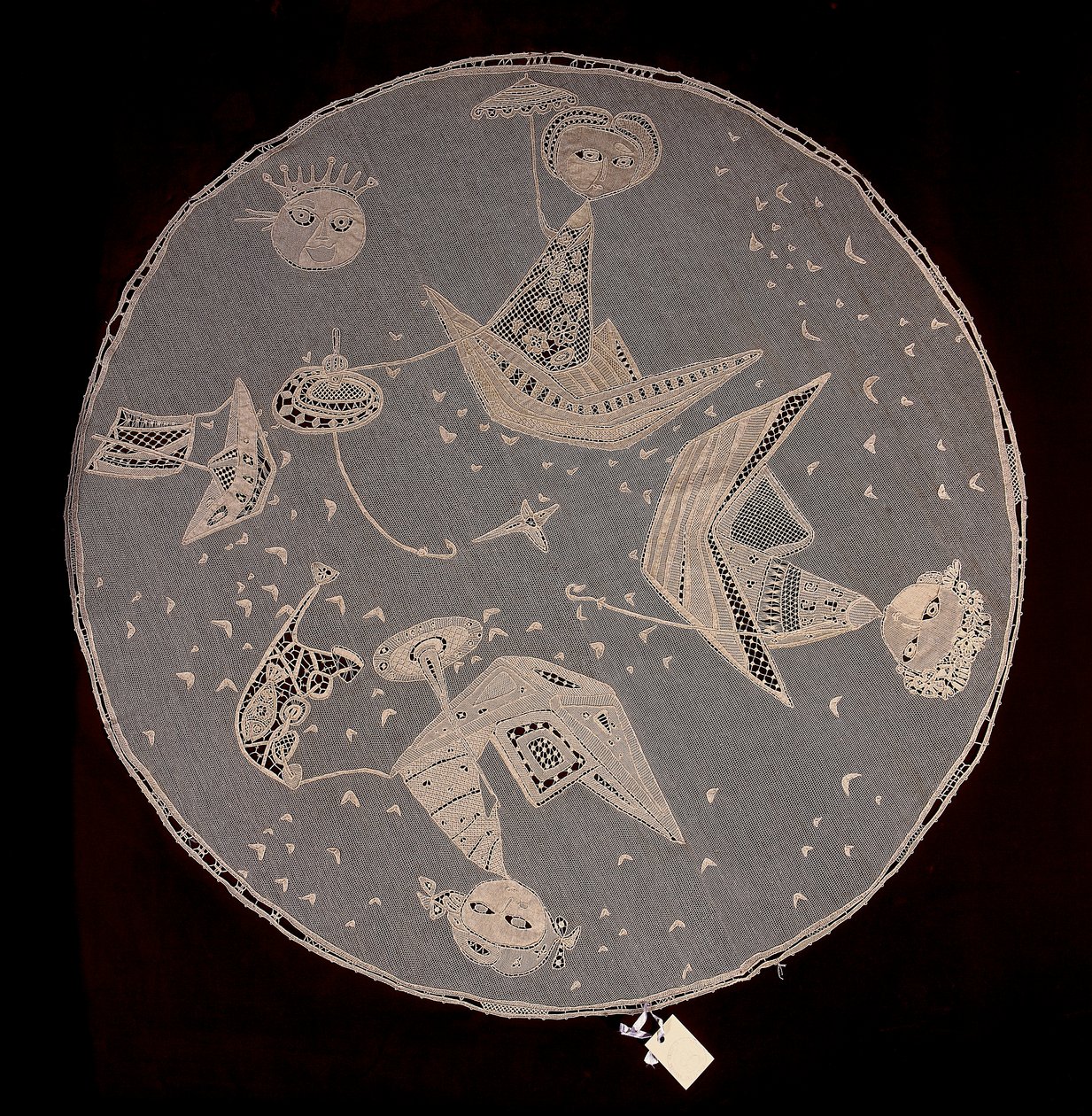 Burano stitch (Punto Burano) needle lace centerpiece entitled Japanese Fishing by Romualdo (after) Scarpa