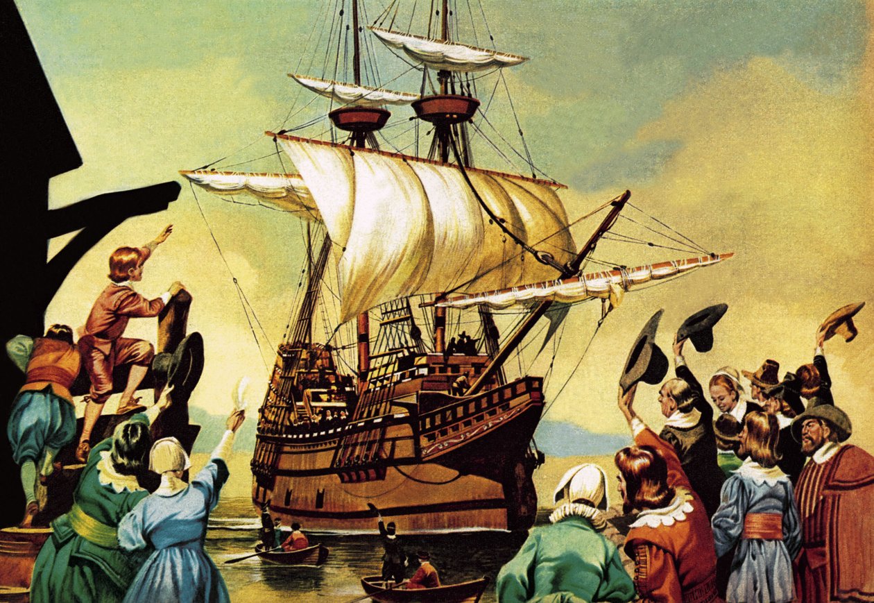 Departure of the Pilgrim Fathers for America by Ron Embleton
