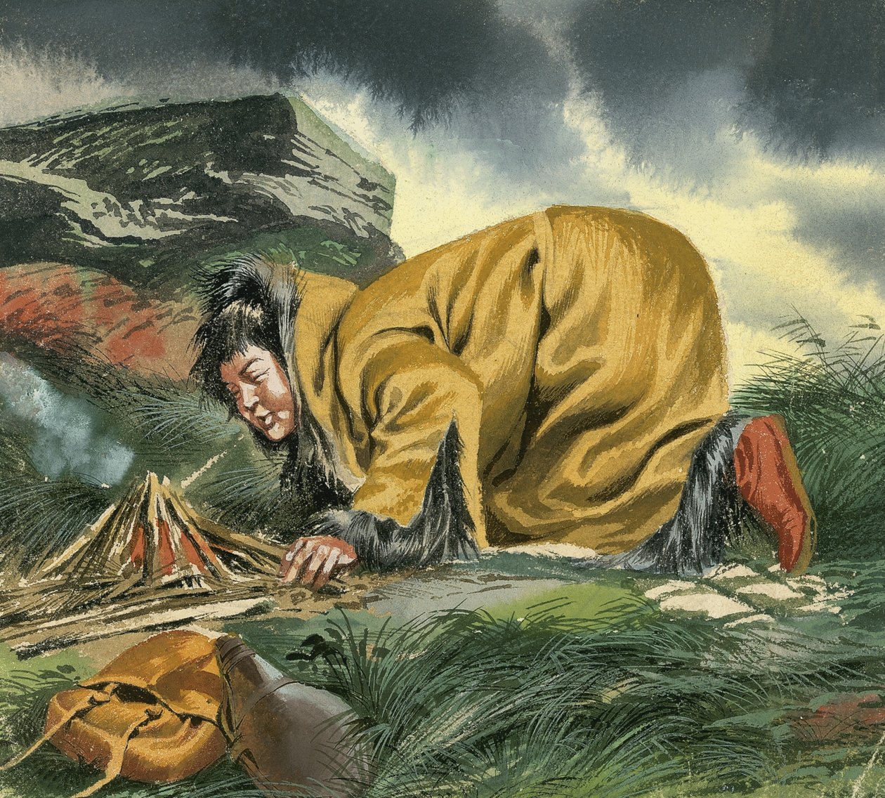 Marco Polo Huddled Over a Fire by Ron Embleton