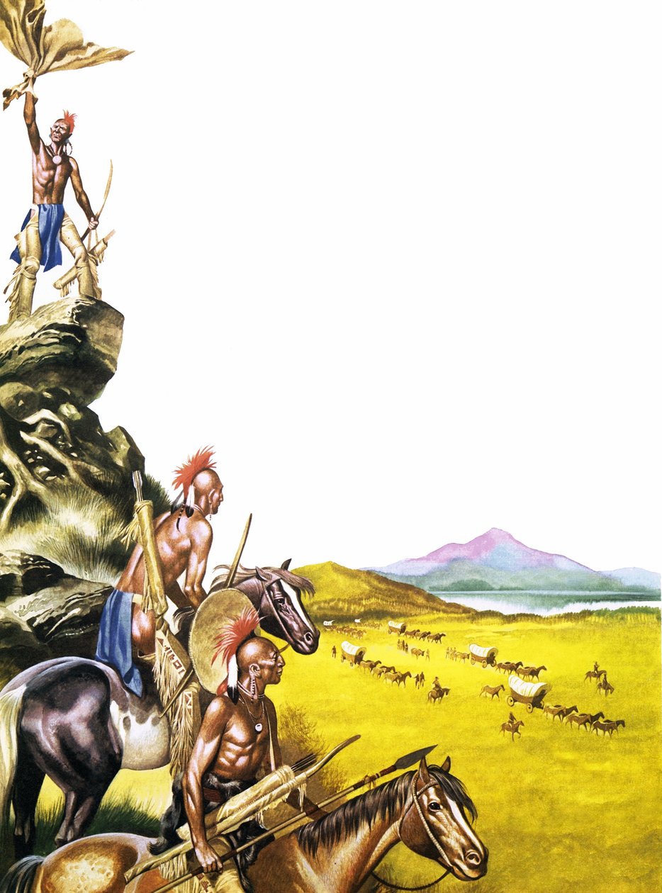 Red Indians observing a wagon train moving West by Ron Embleton