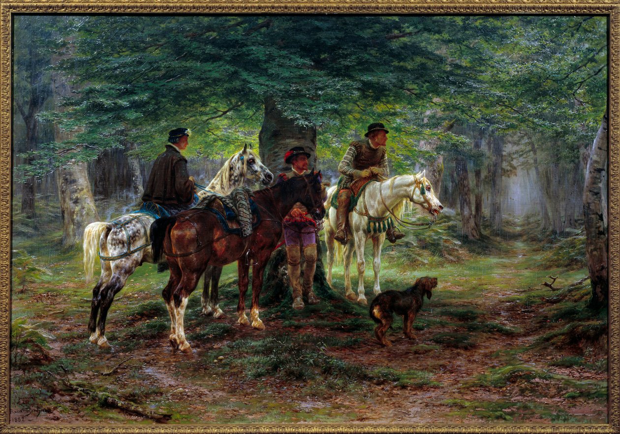 Horsemen surprised by a rain (17th century). In a forest, men on horseback shelter under a tree waiting for the rain to stop falling by Rosa Bonheur