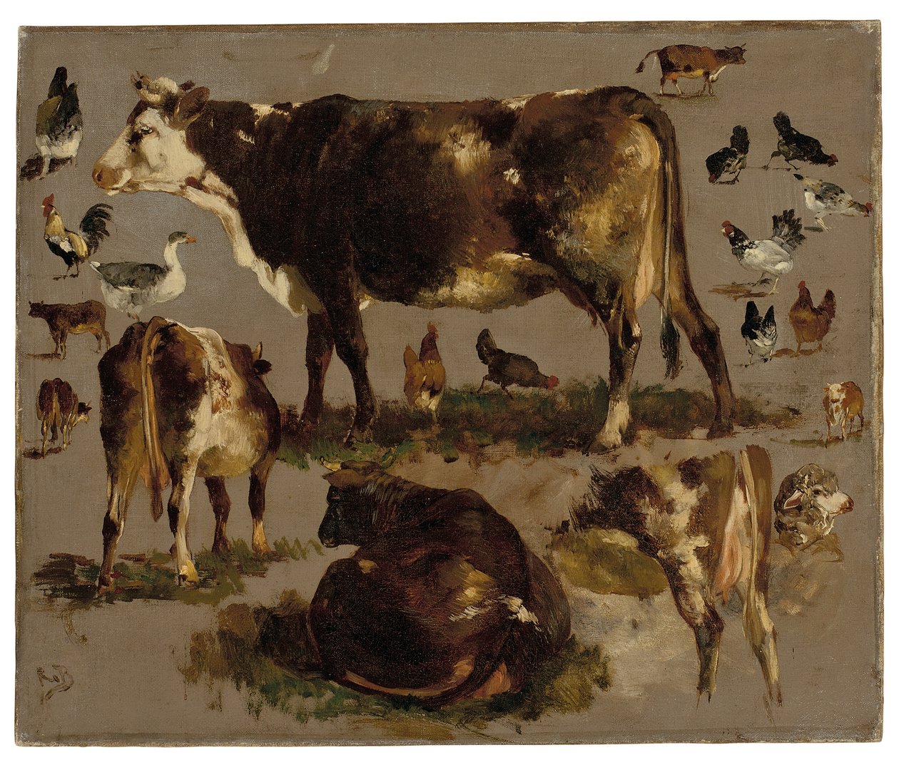 Studies of Cows, Hens, Roosters, a Goose and a Sheep by Rosa Bonheur