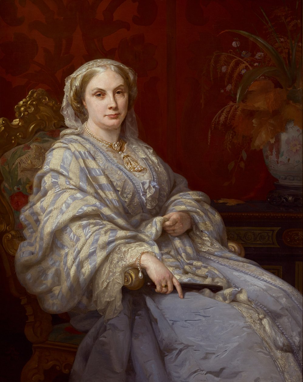 Portrait of Louisa, wife of Algernon, 6th Duke of Northumberland, three-quarter length, wearing a blue dress and blue and white striped shawl by Rudolf Lehmann
