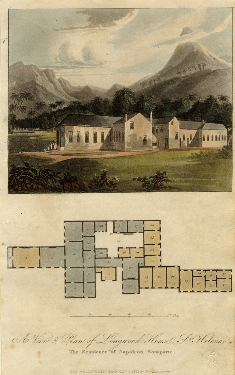 View and Plan of Longwood House, St. Helena: the Residence of Napoleon Bonaparte by Rudolph Ackermann