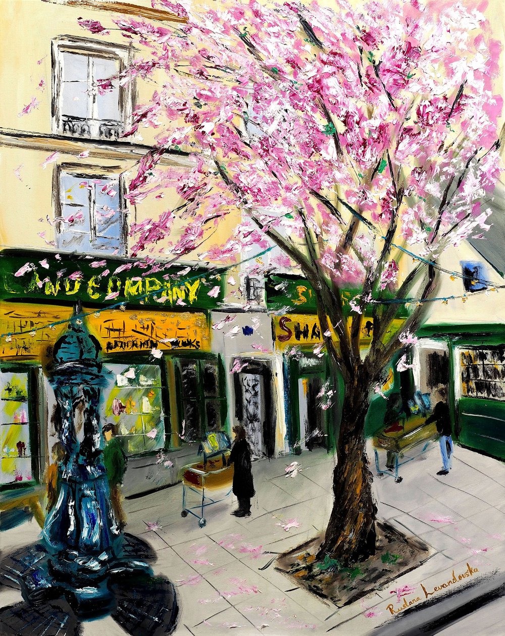 Cherry Blossoms at Shakespeare and Co Paris - with gold embellishment, 2023 by Ruslana Levandovska