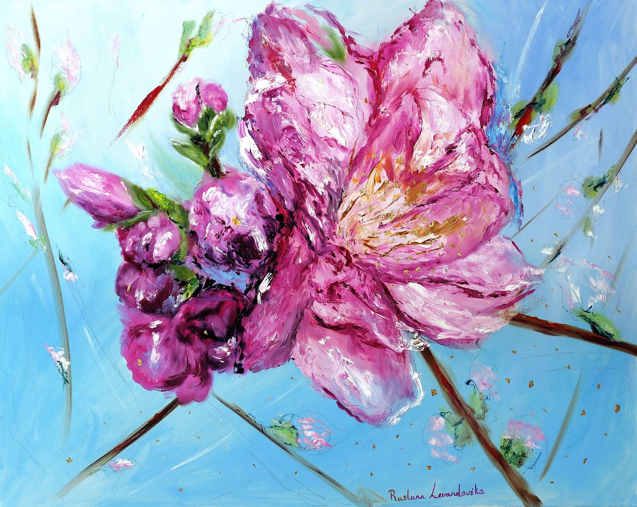 Pink Cherry Blossoms with Gold Embellishment by Ruslana Levandovska