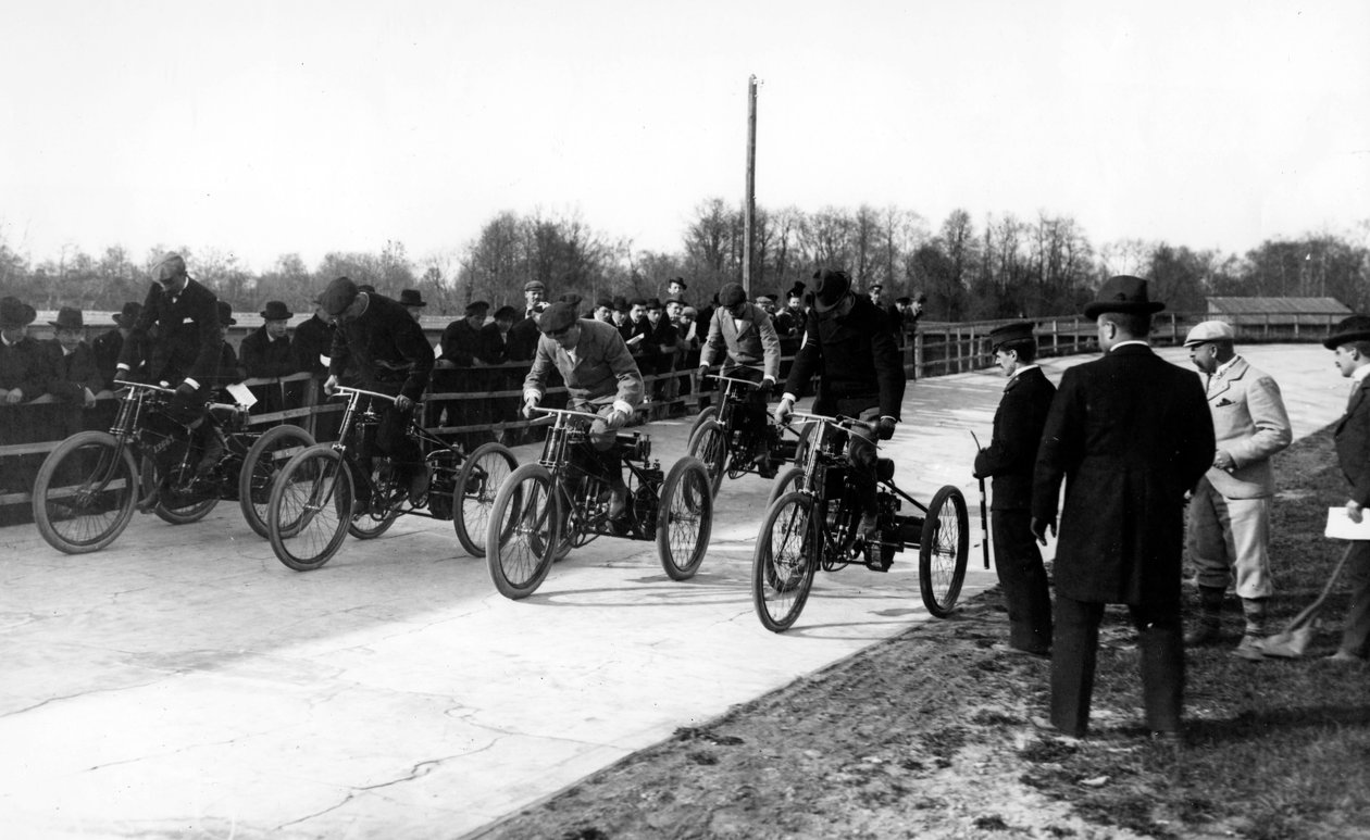 Contestants in a motorized tricycle race in Saint Petersburg, c.1899 by Russian Photographer
