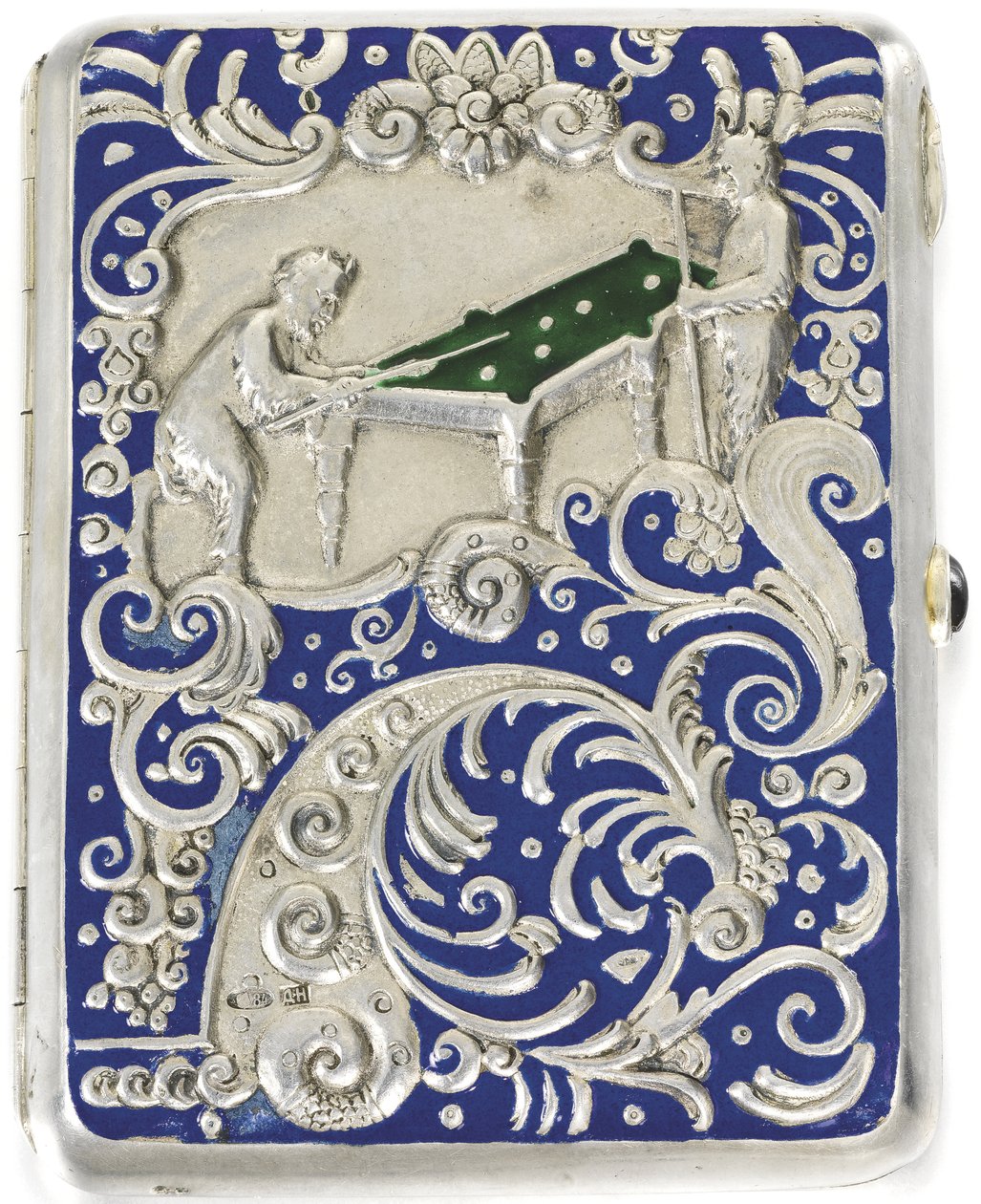 Cigarette case with two satyrs playing Russian billiard by Russian Master