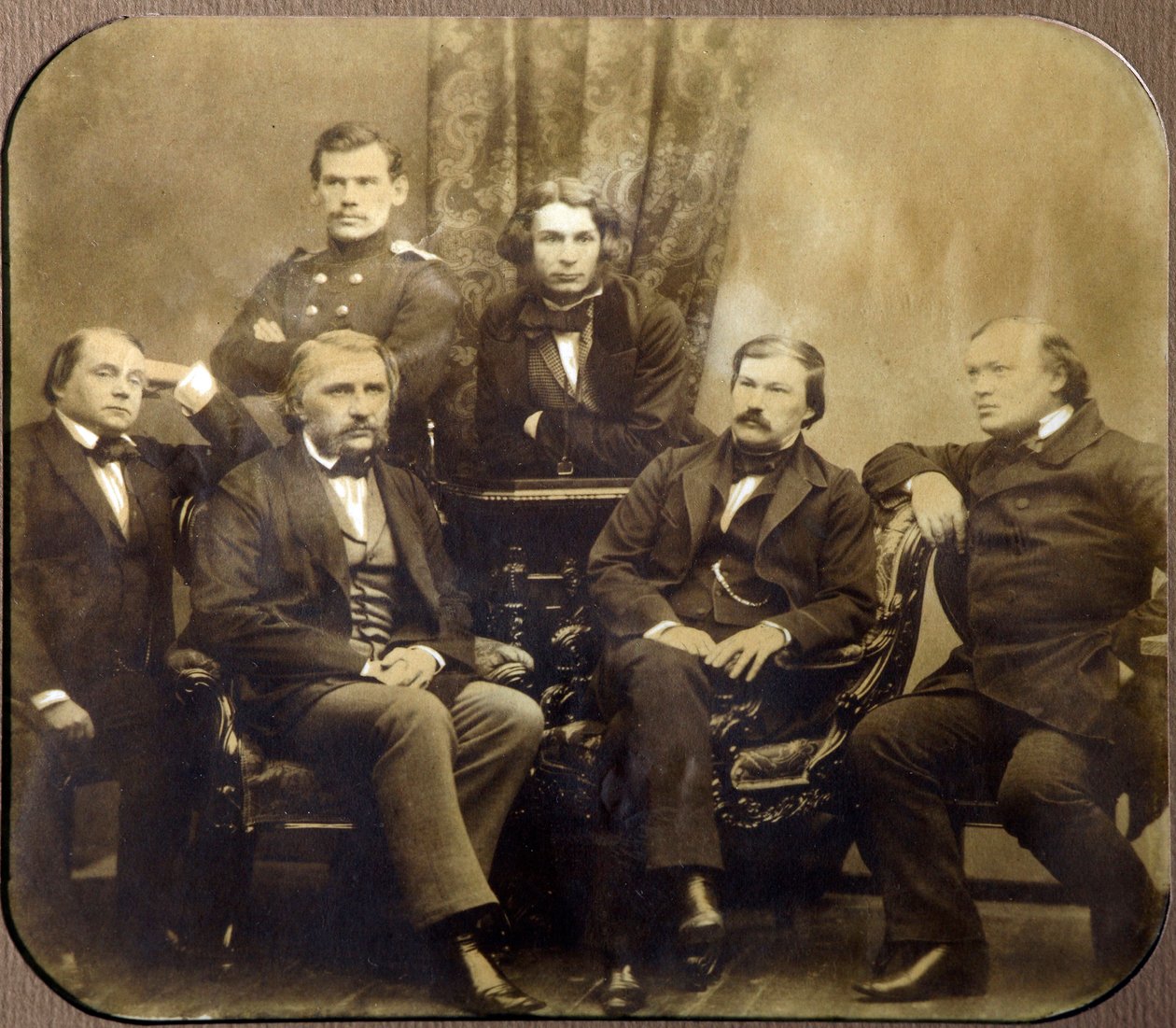 Leon Tolstoi and Dmitri Grigorovitch with Ivan Alexandrovitch Gontcharov, Ivan Sergeyevich Tourgueniev, Alexander Vasilievich Drushinin, and Al by Russian Photographer