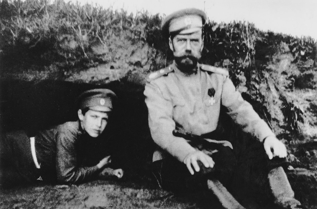 Tsar Nicholas II with His Son Alexei at the Front by Russian Photographer
