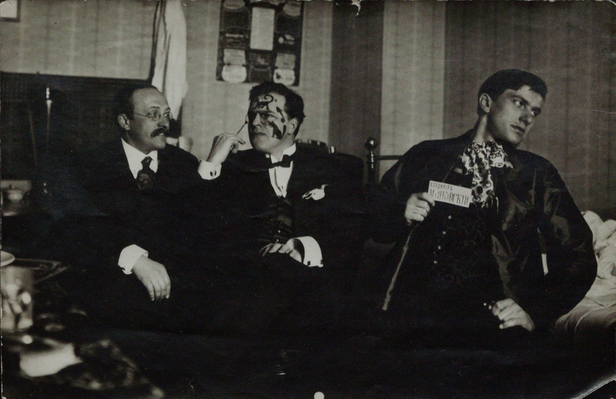Vladimir Mayakovsky (right) with David Burlyuk (center) and Andrei Shemshurin, 1914, Moscow by Russian Photographer